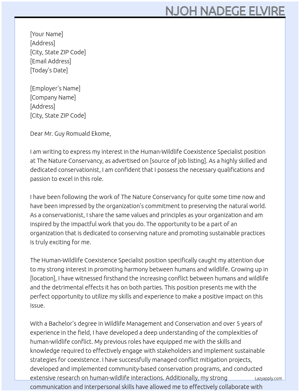 Human-Wildlife Coexistence Specialist At The Nature Conservancy Cover Letter