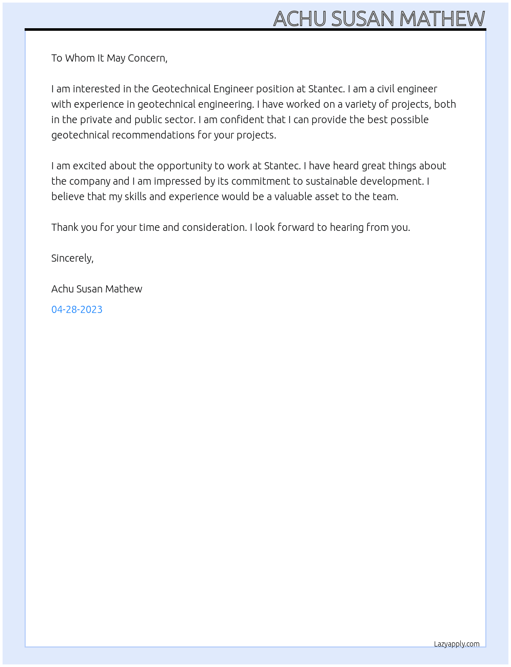 Geotechnical Engineer At Stantec Cover Letter
