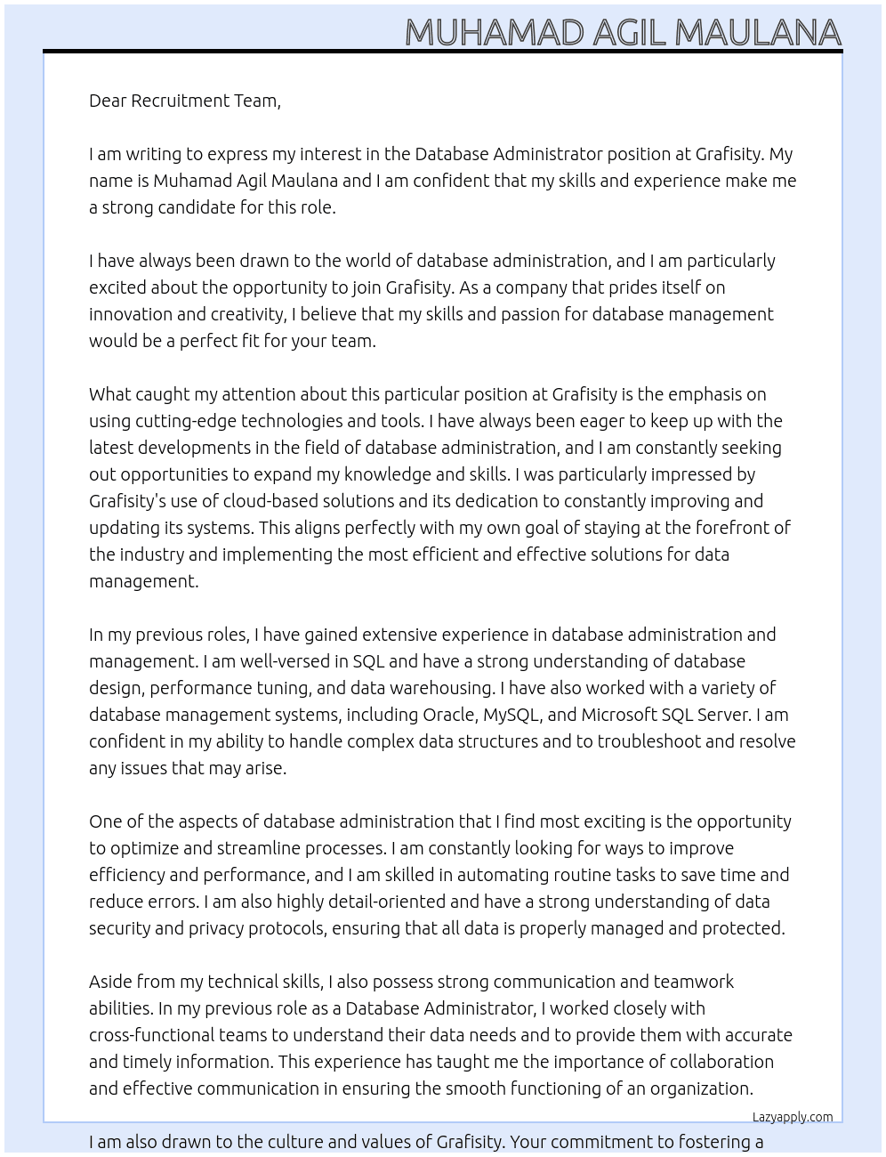 Database Administrator At Grafisity Cover Letter