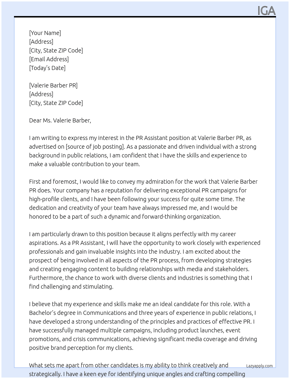 PR Assistant  At Valerie Barber PR Cover Letter