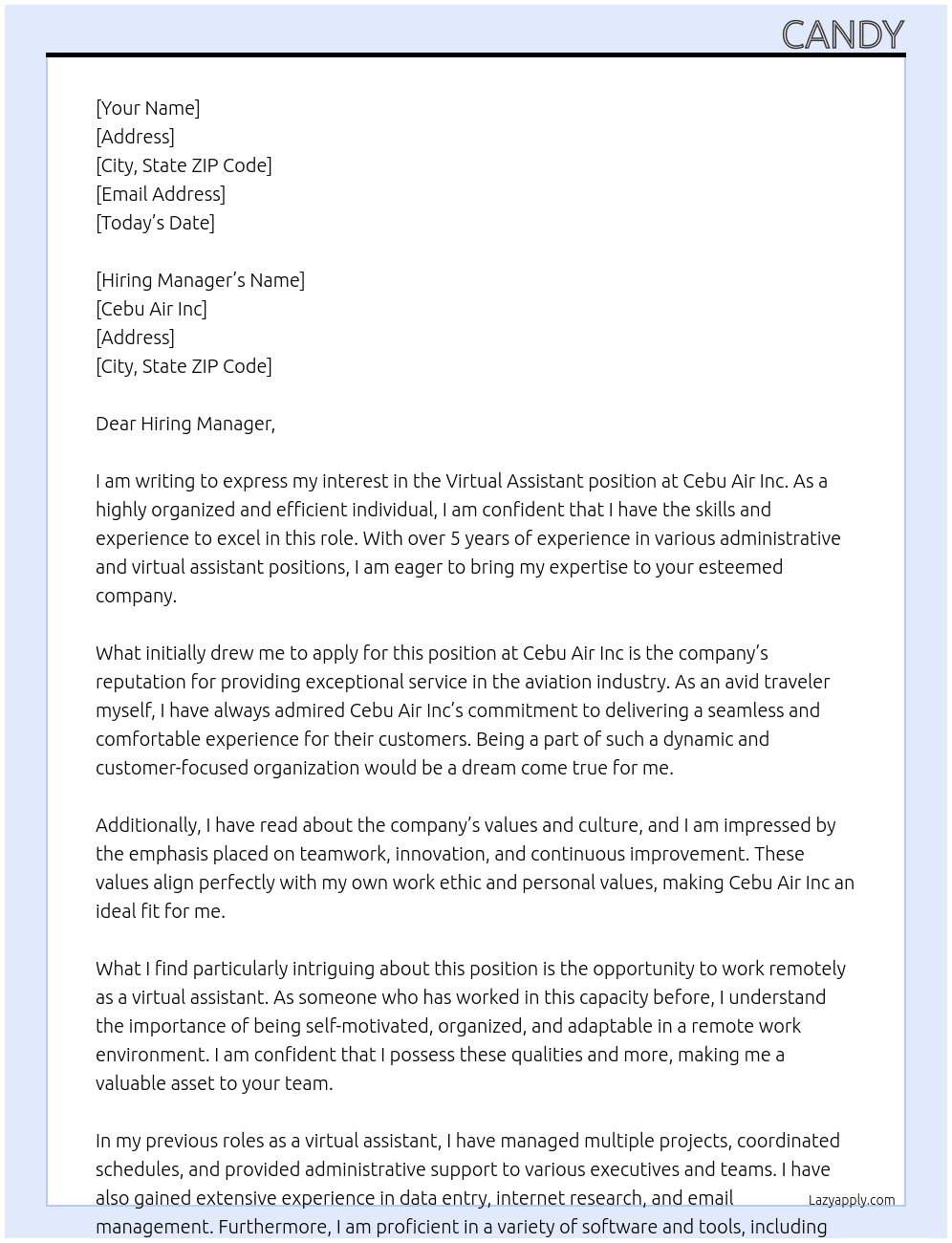 Virtual Assistant At Cebu Air Inc Cover Letter
