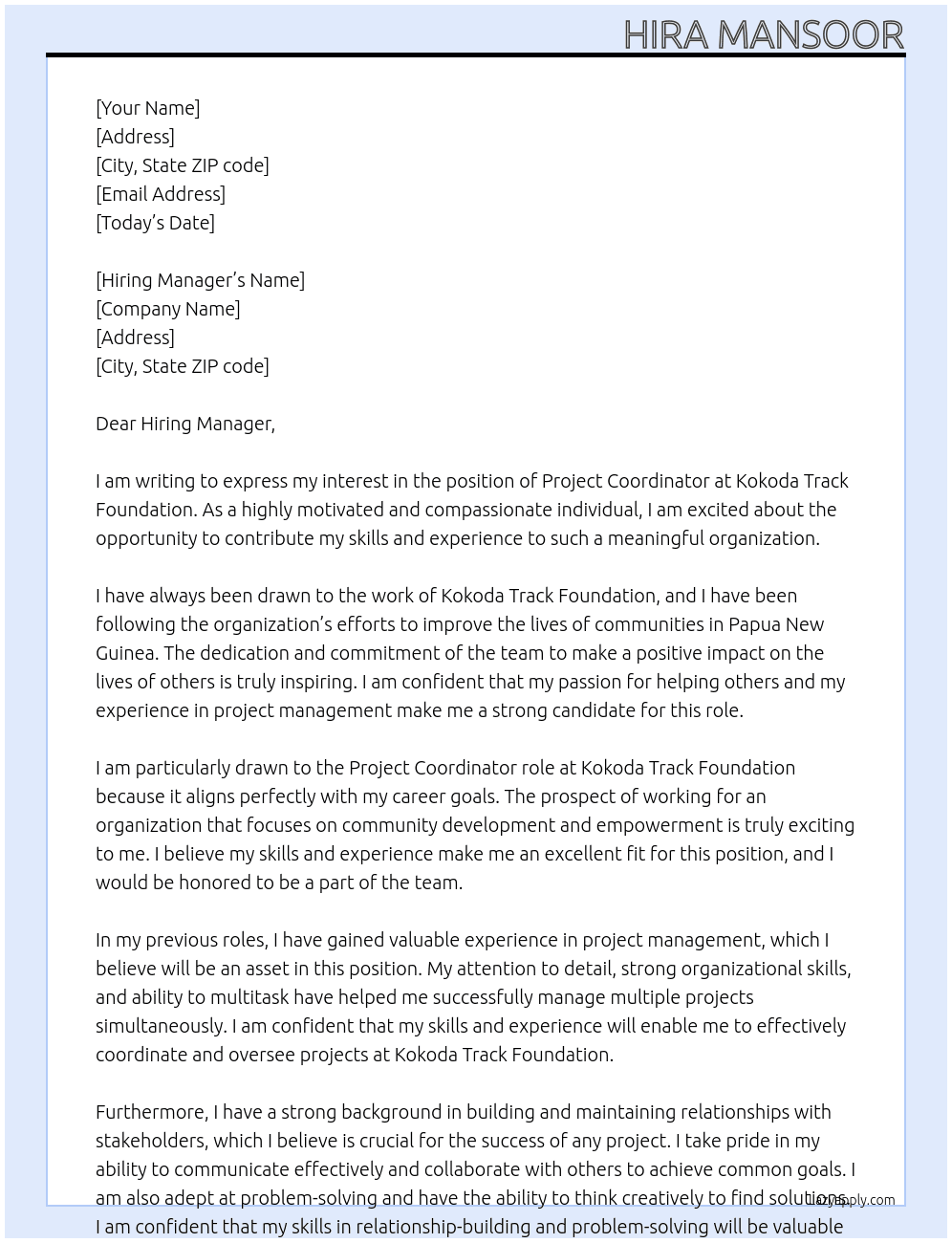 Project Coordinator  At Kokoda Track Foundation Cover Letter