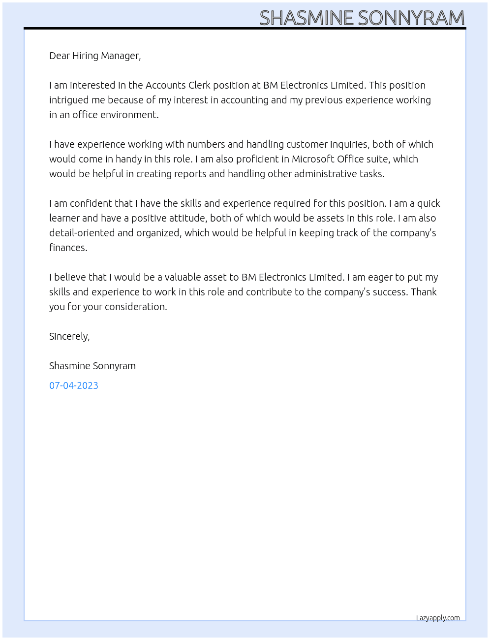 Accounts Clerk At BM Electronics Limited Cover Letter