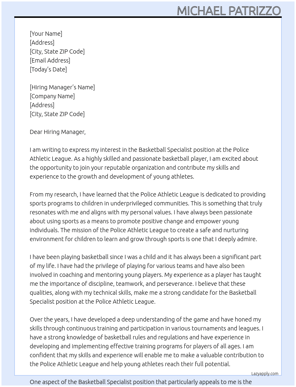Basketball Specialist  At Police Athletic League Cover Letter