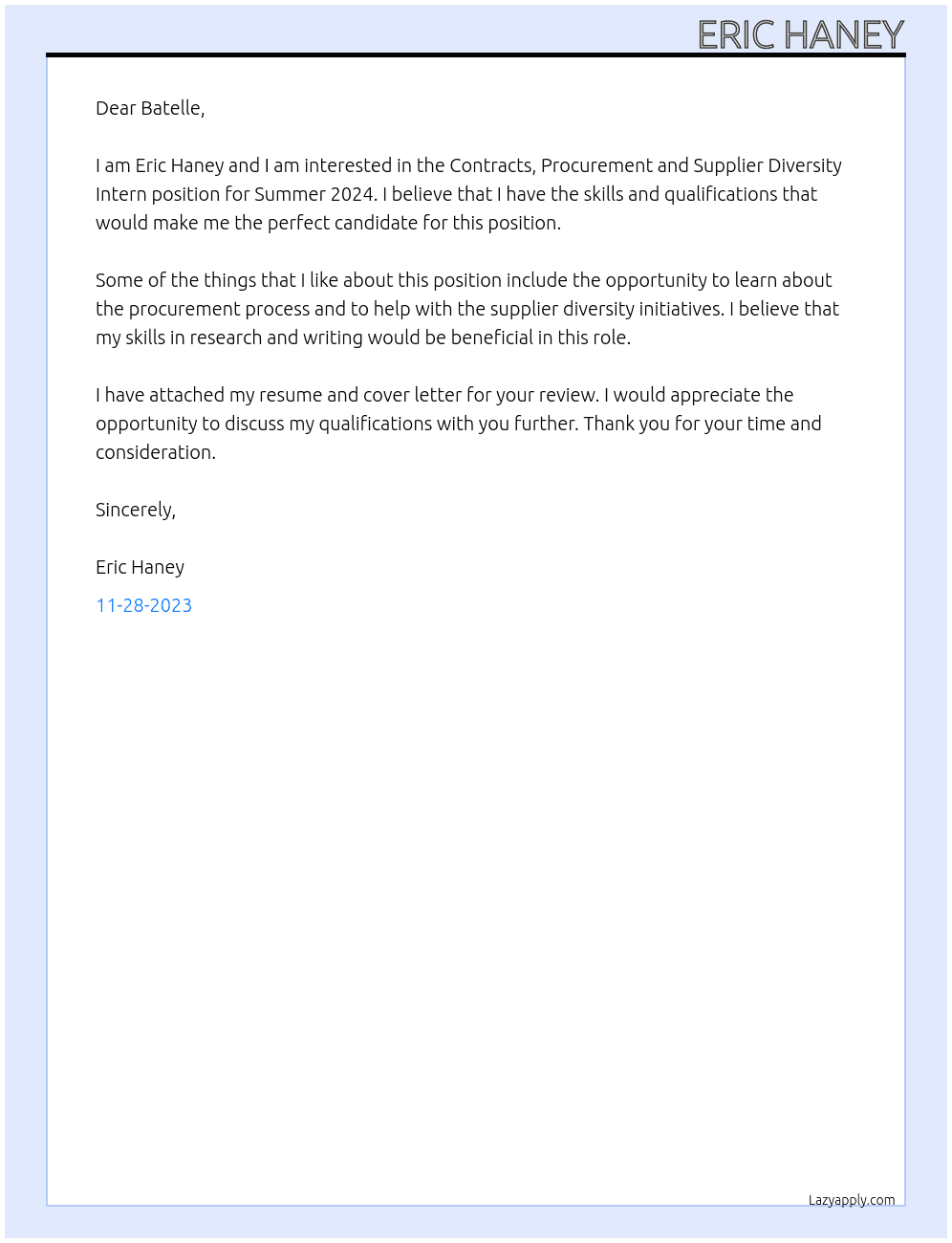 Contracts, Procurement and Supplier Diversity Intern (Summer 2024) At Batelle Cover Letter