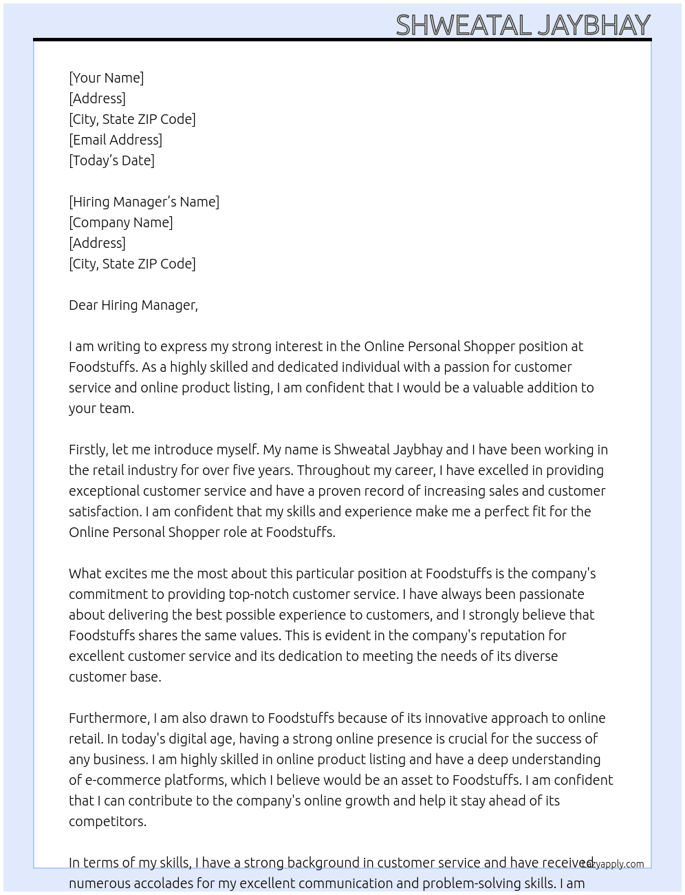 Online Personal Shopper At Foodstuffs Cover Letter