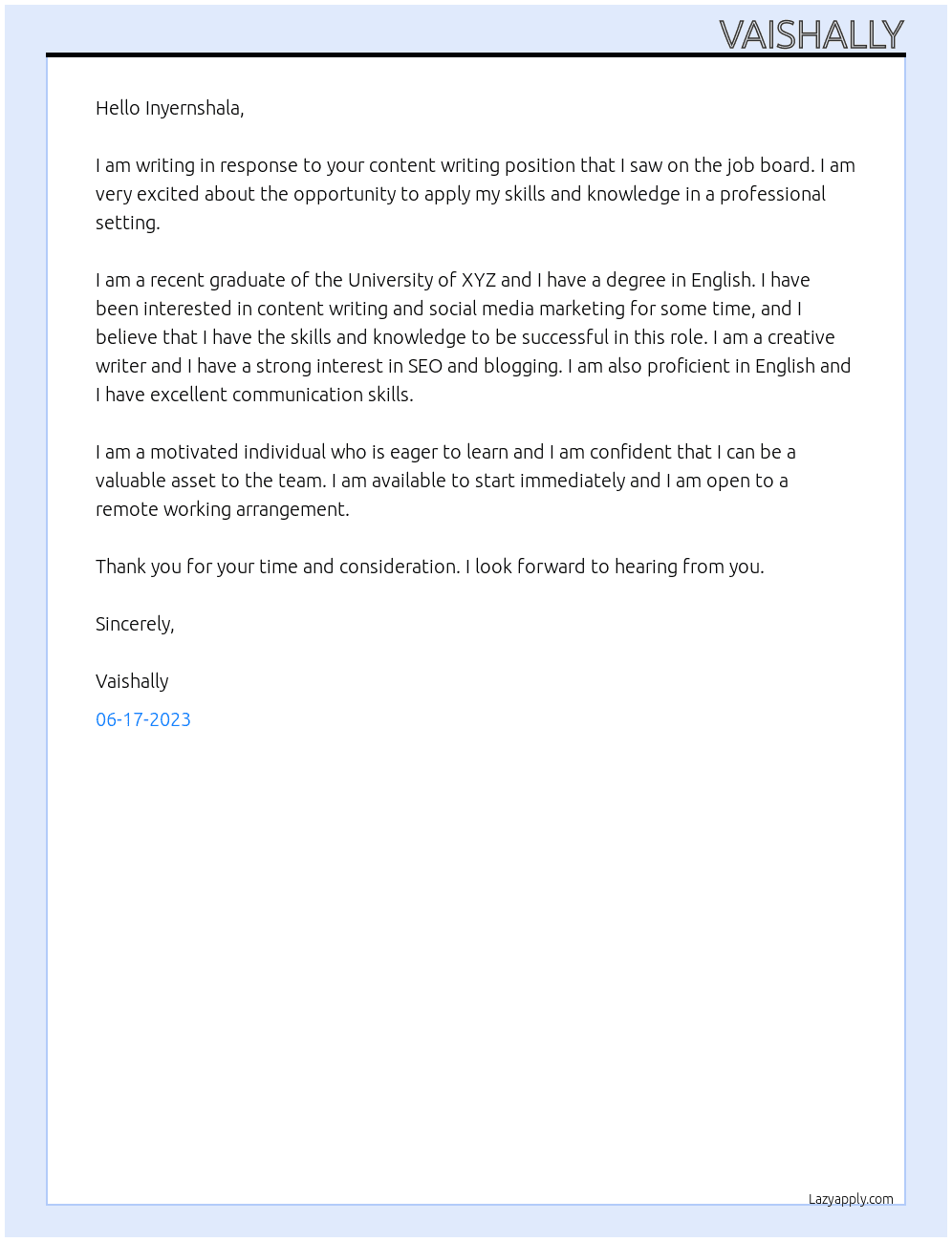 content writing At ZAP Cricket Cover Letter