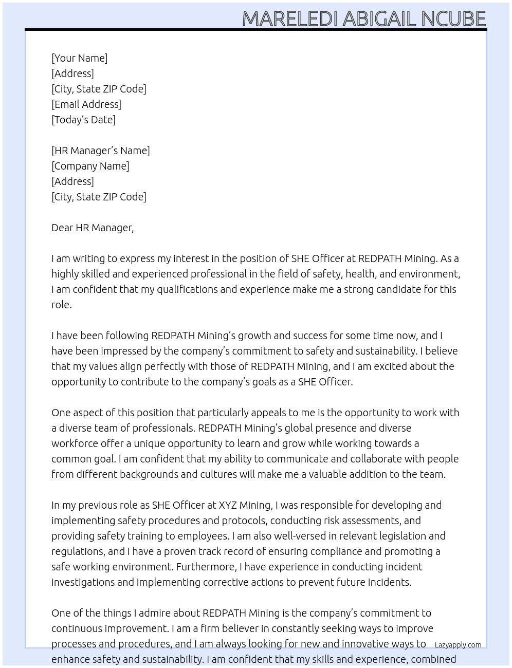 SHE Officer At REDPATH Mining  Cover Letter
