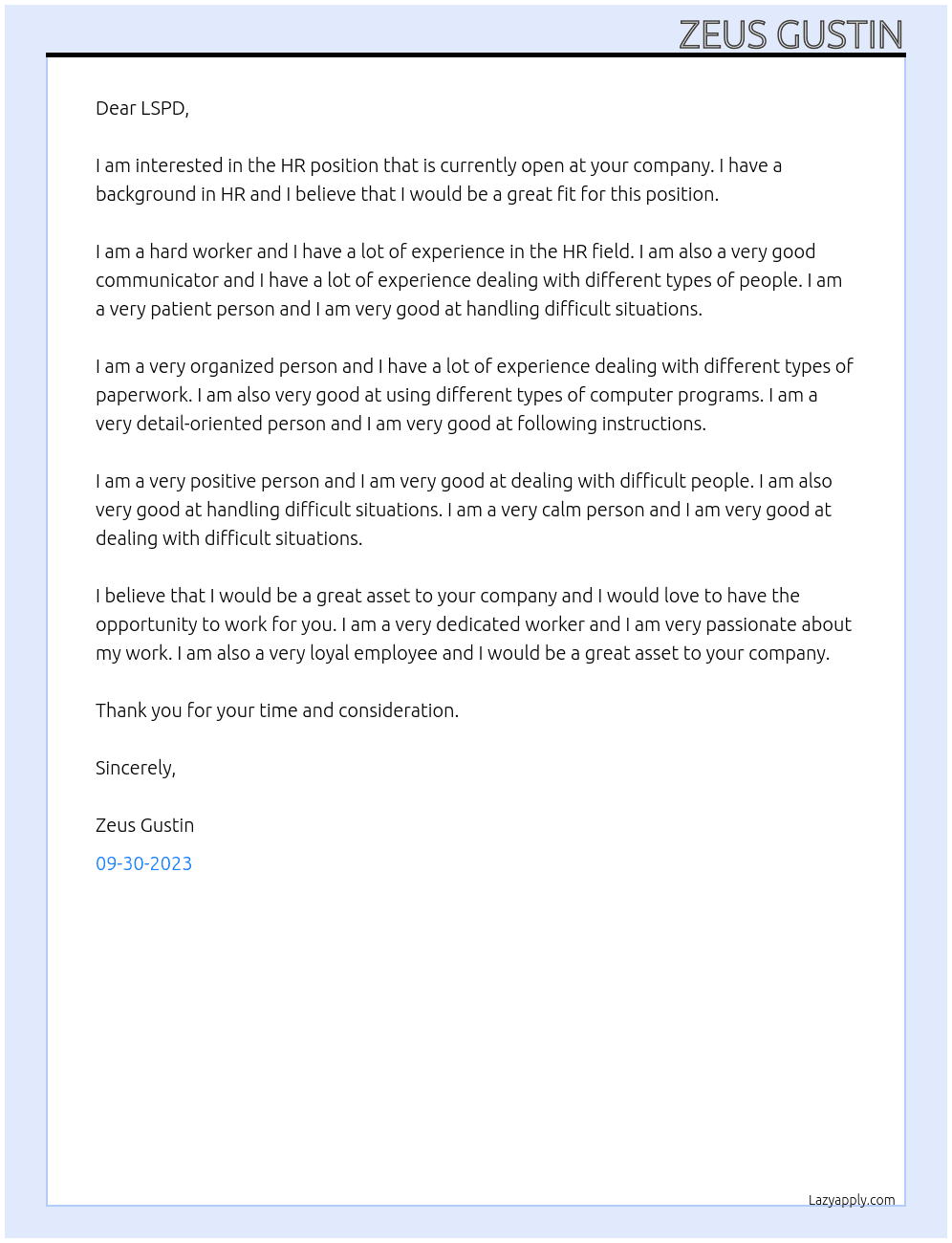 HR  At LSPD Cover Letter