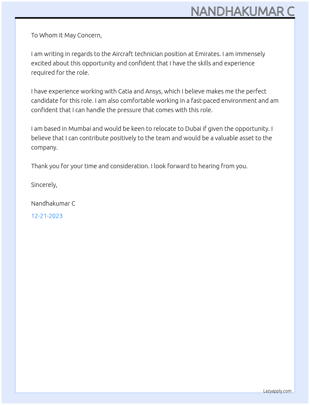 Aircraft technician  At Emirates  Cover Letter