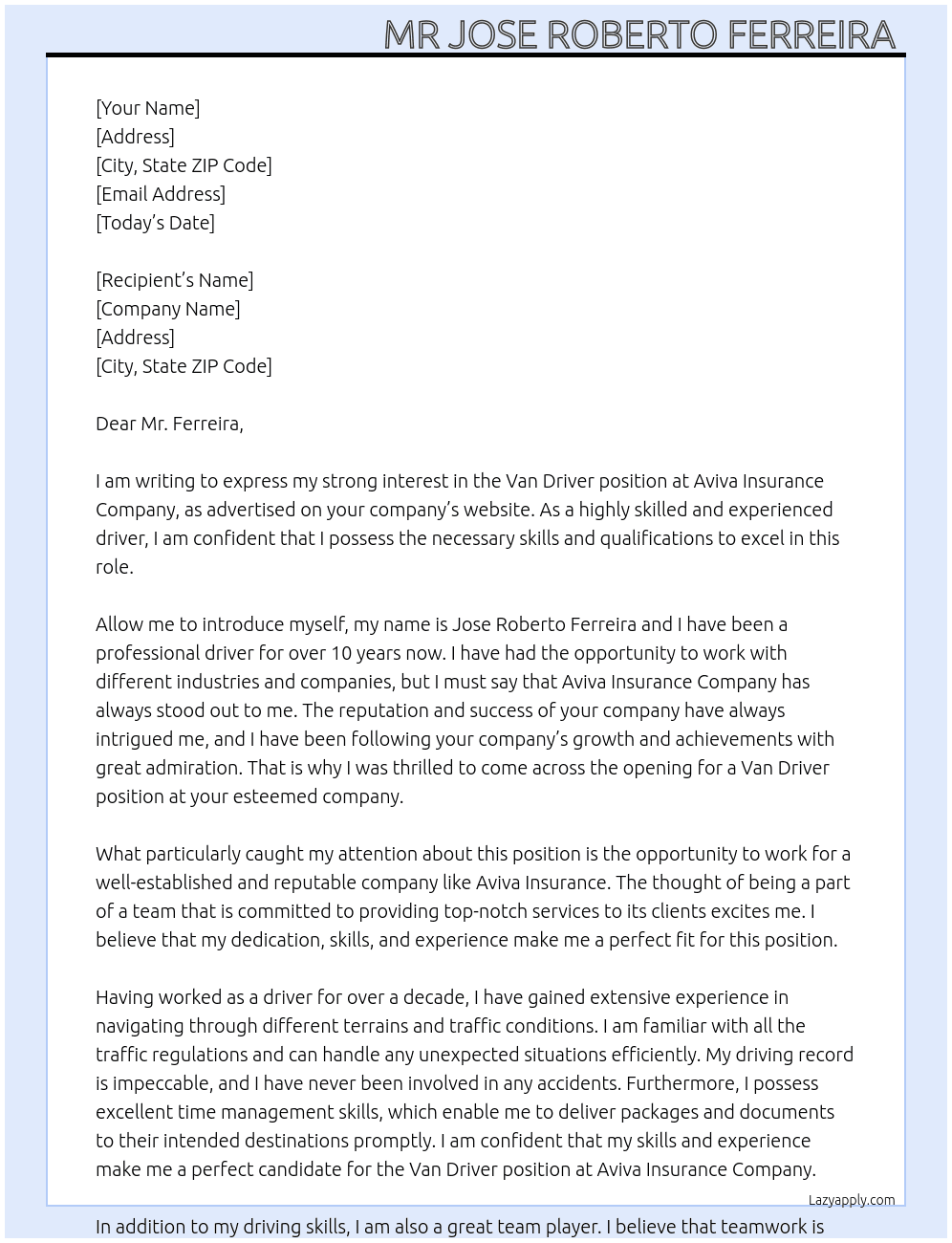 Van Driver At Aviva Insurance Company Cover Letter