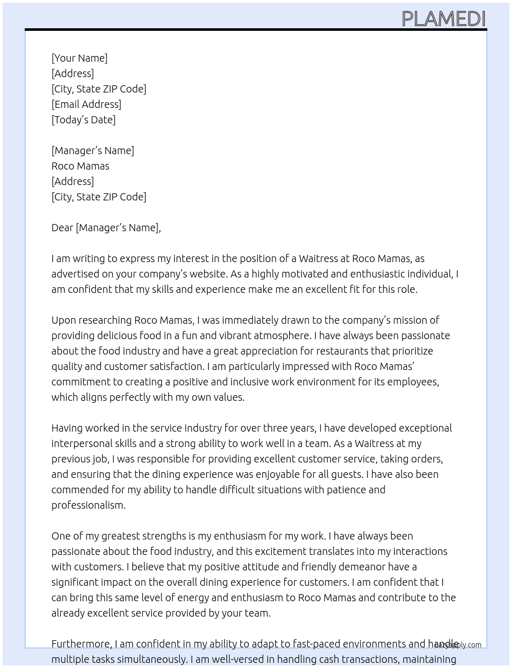 Waitress At Roco Mamas Cover Letter