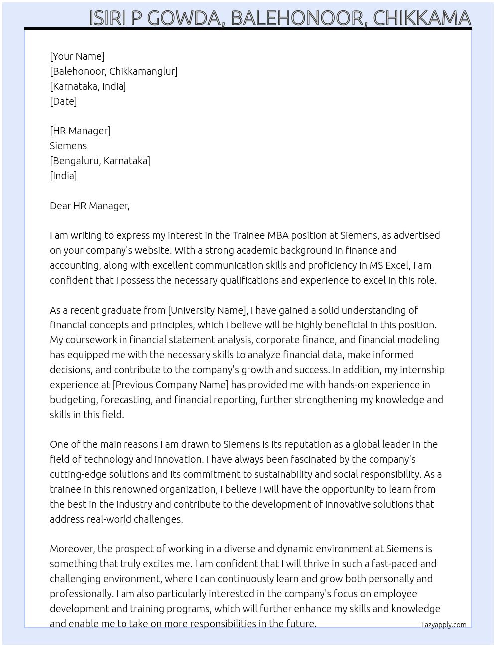 Cover letter for trainee mba - LazyApply
