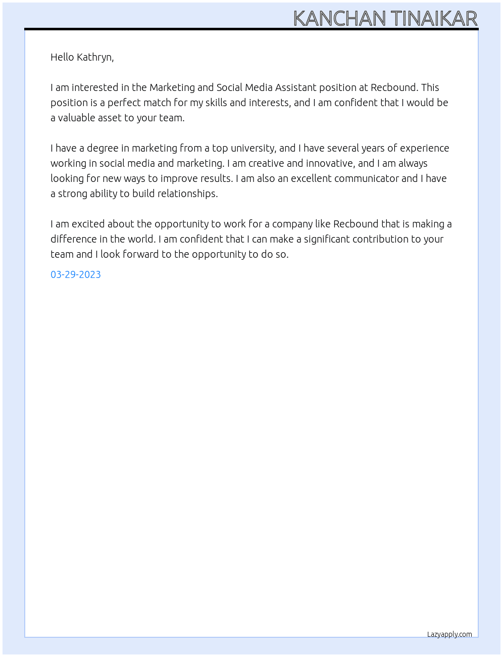 Marketing and Social Media Assistant At Recbound Cover Letter