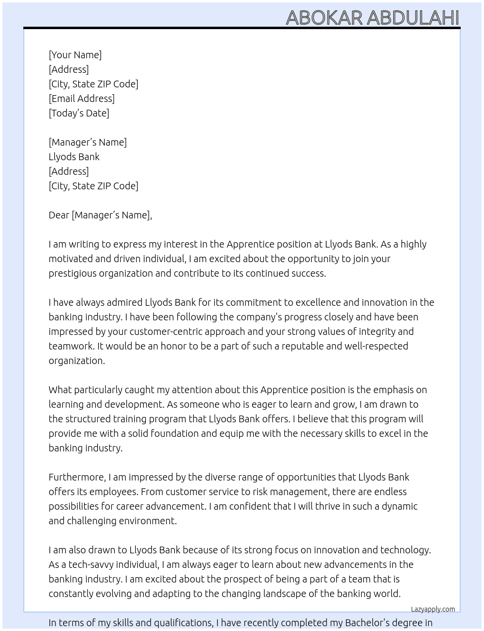 apprentice At llyods bank Cover Letter