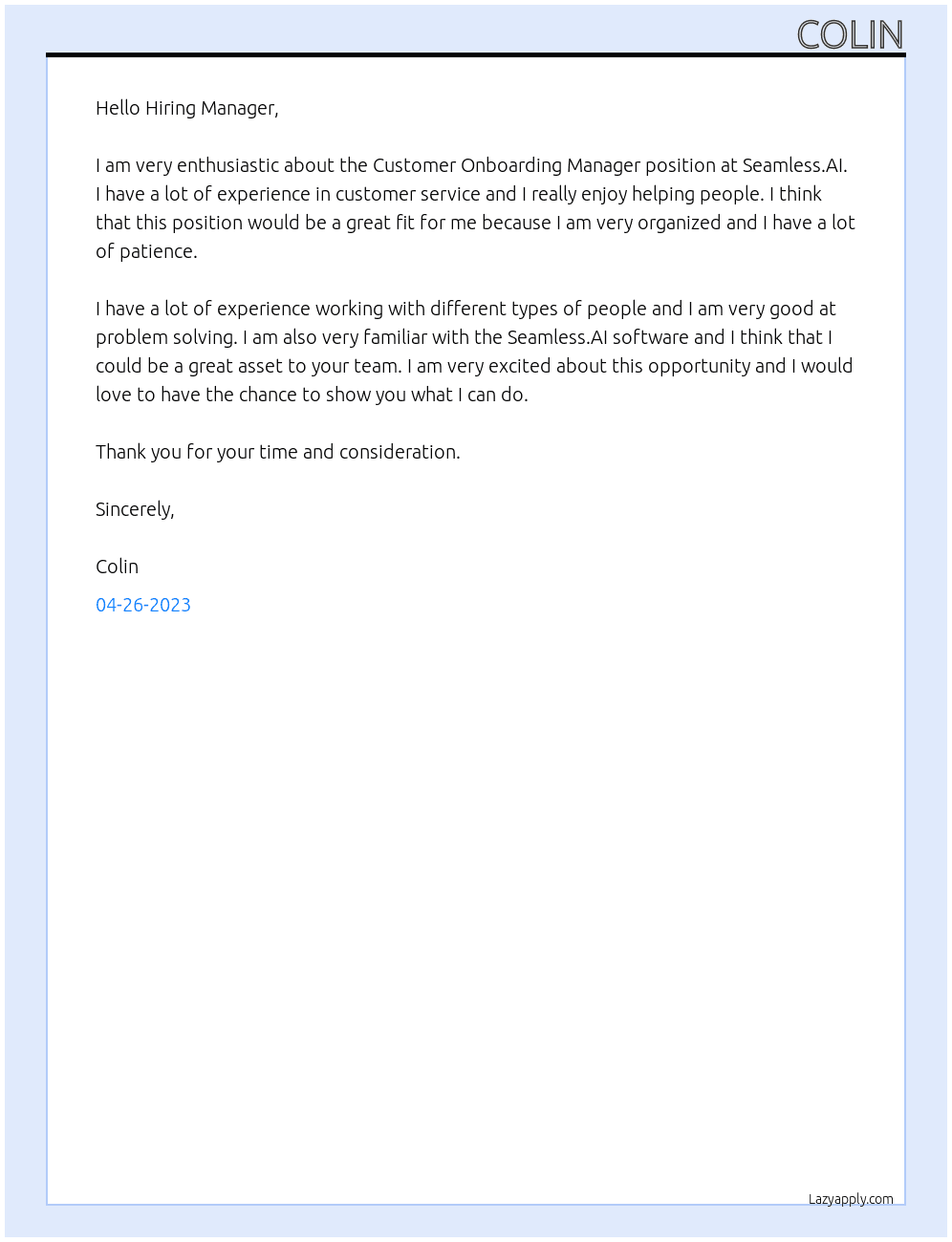 Customer Onboarding Manager At Seamless.AI Cover Letter