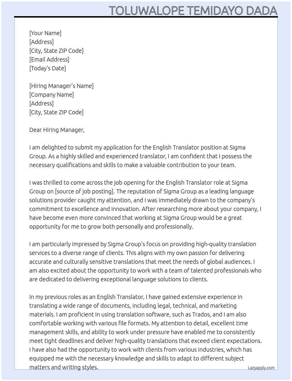 English Translator  At Sigma Group Cover Letter