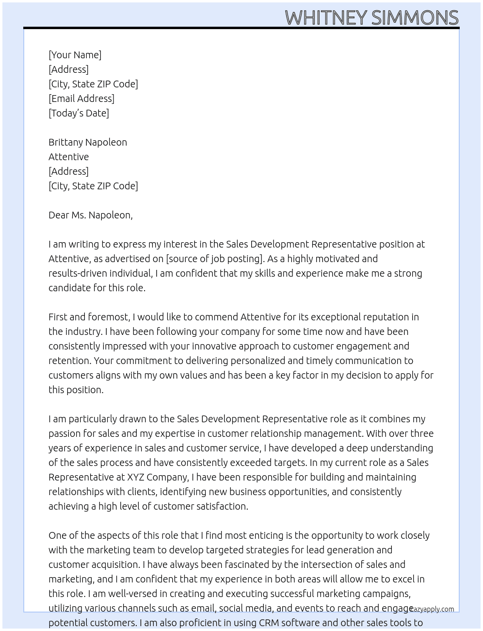 Sales Development Representative  At Attentive Cover Letter
