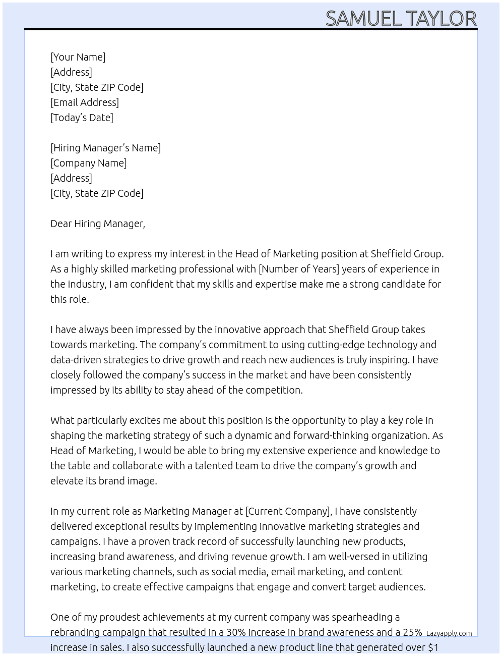 Head of Marketing At Sheffield Group Cover Letter
