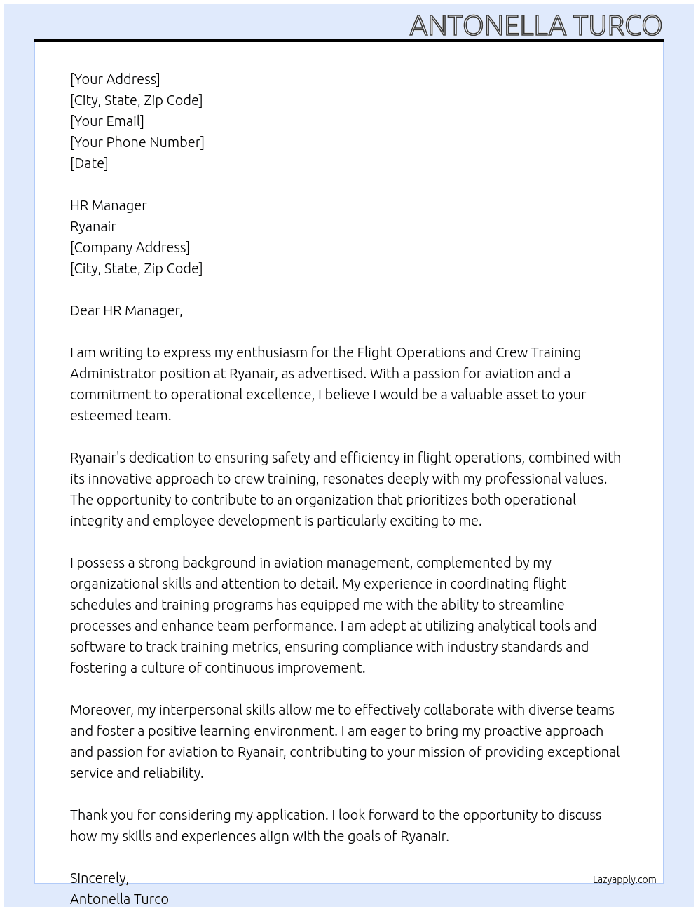 Flight Operations and Crew Training Administrator At Ryanair Cover Letter