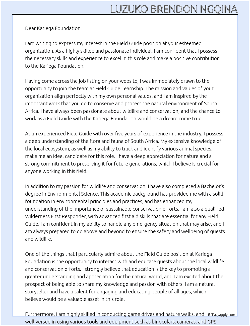Field Guide At Field Guide Learnship Cover Letter