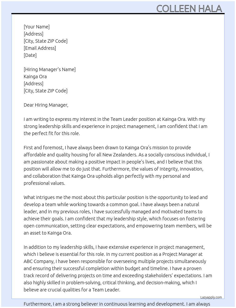 Team Leader  At Kainga Ora  Cover Letter