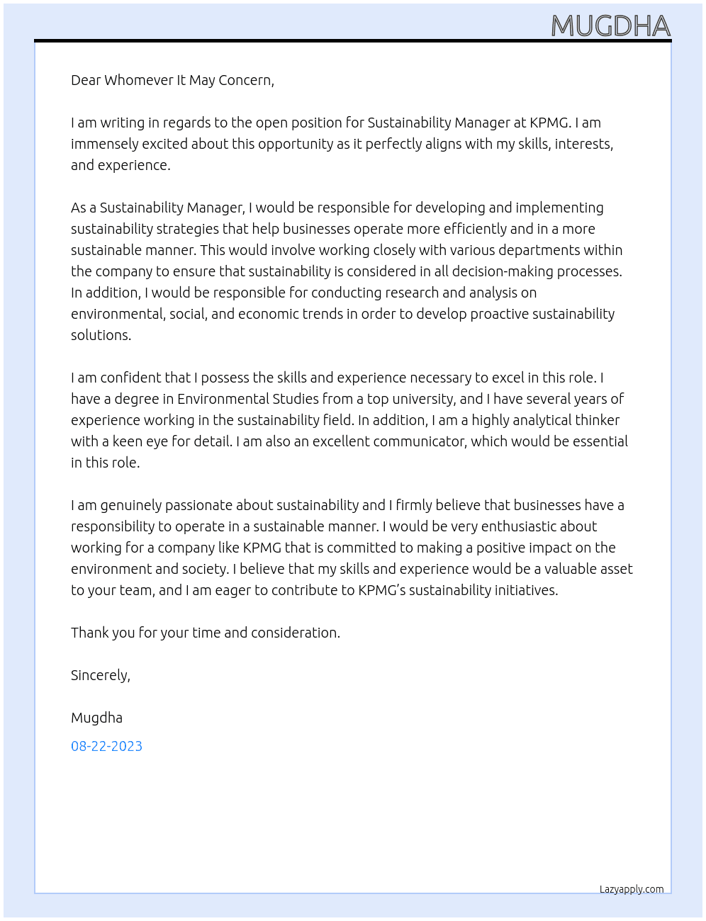 SUSTAINABILITY MANAGER At kpmg Cover Letter