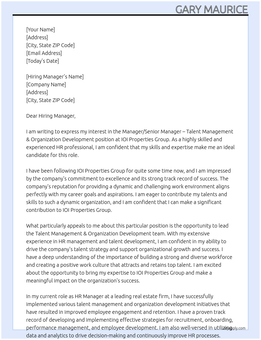 Manager/Senior Manager – Talent Management & Organization Development At IOI Properties Group Cover Letter