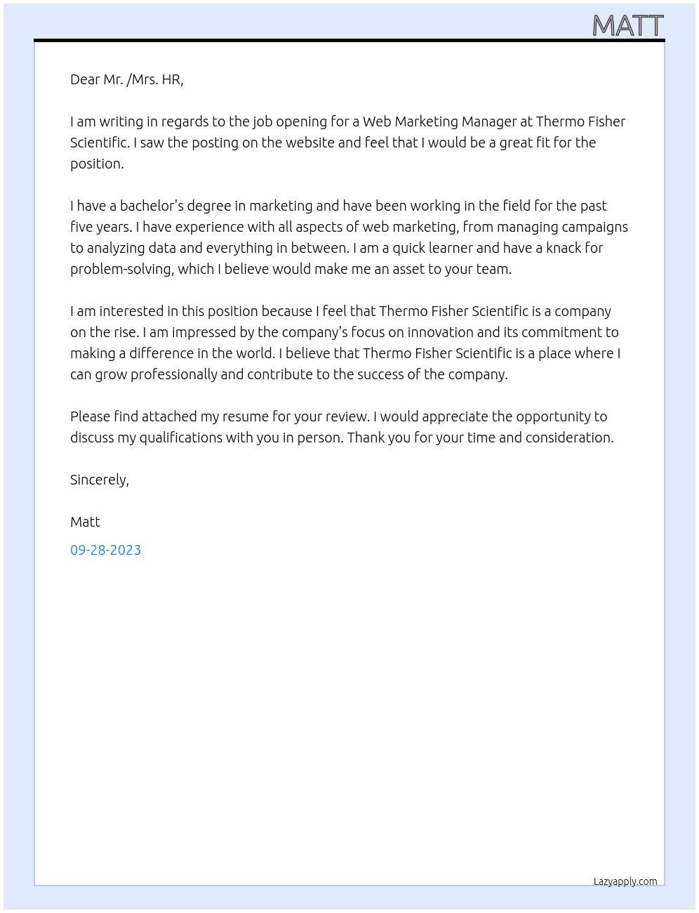 Web Marketing Manager At Thermo Fisher Scientific Cover Letter