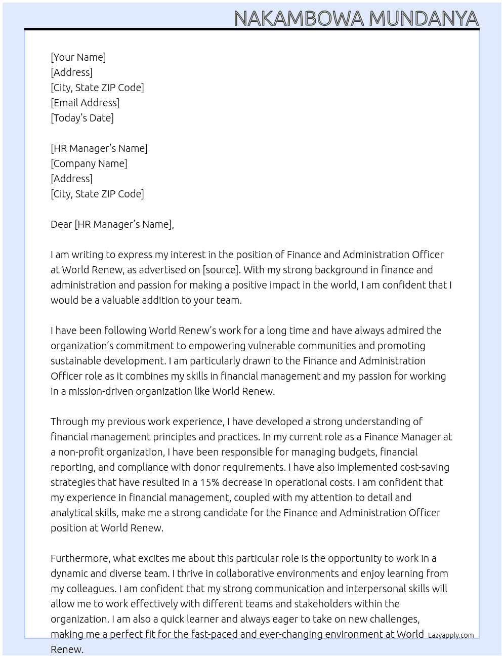 finance and administration officer At world renew Cover Letter