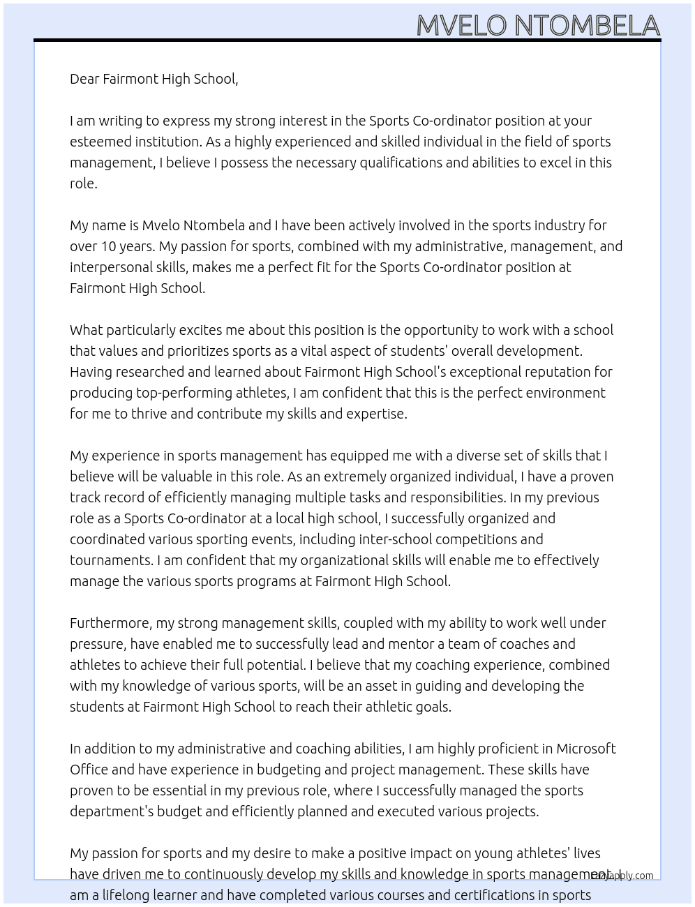 Sports co-ordinator At Fairmont High School Cover Letter