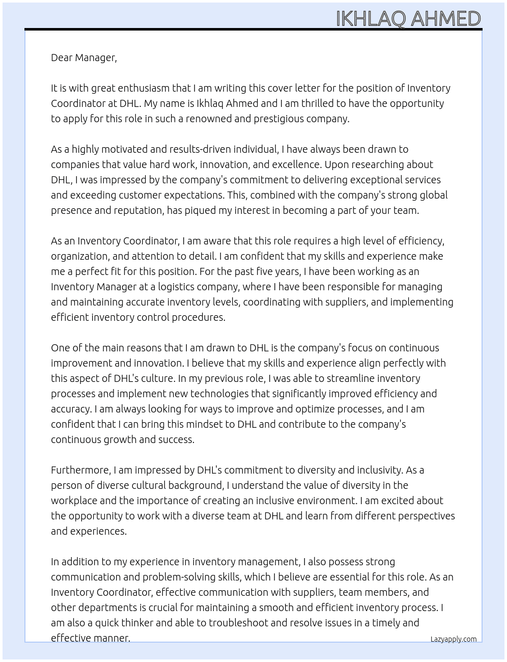 Inventory coordinator  At DHL Cover Letter