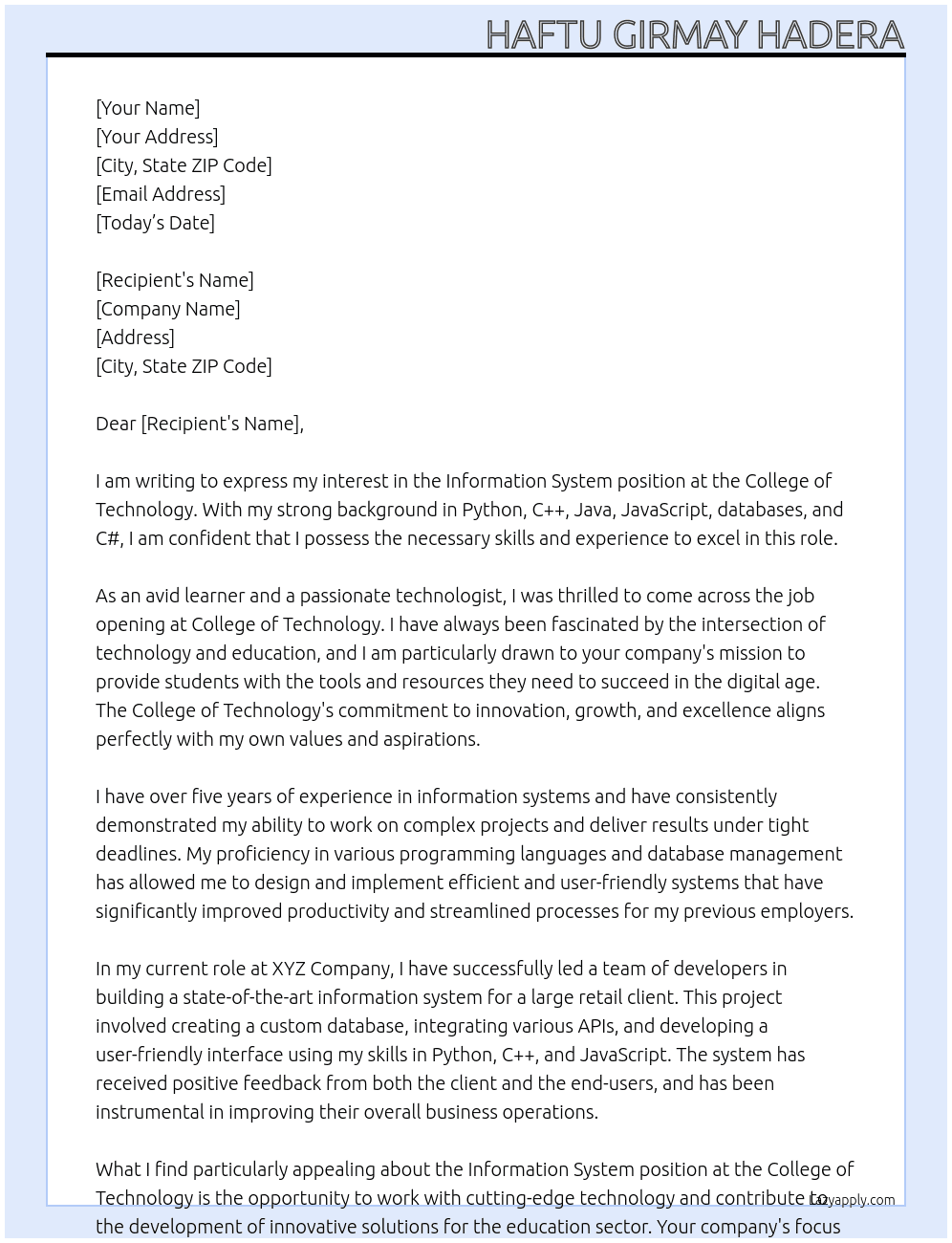 Information system At College of technology  Cover Letter