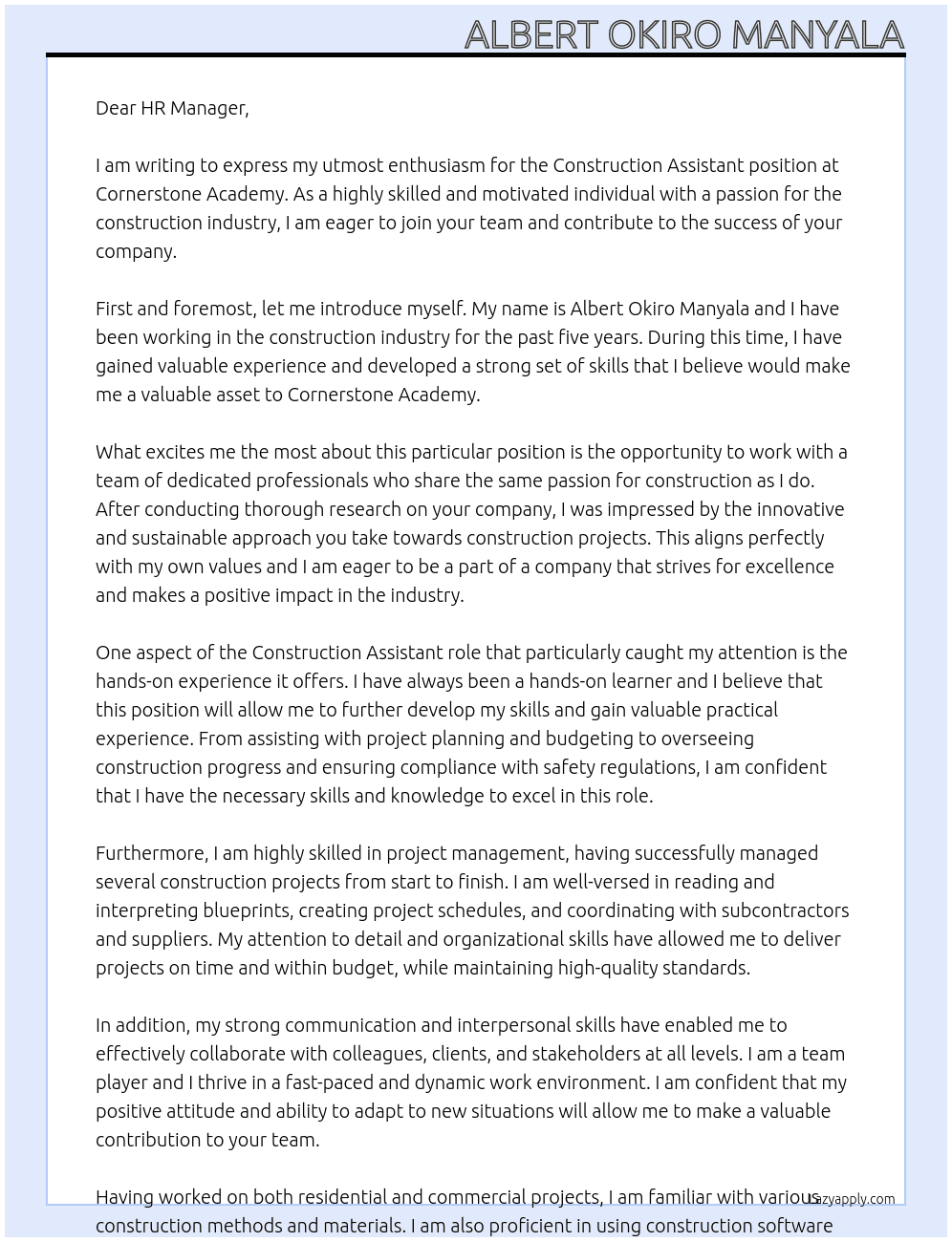 construction assistant At cornerstone academy Cover Letter
