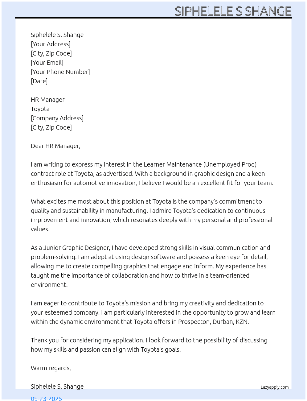 Learner maintenance (Unemployed Prod) At Toyota Cover Letter