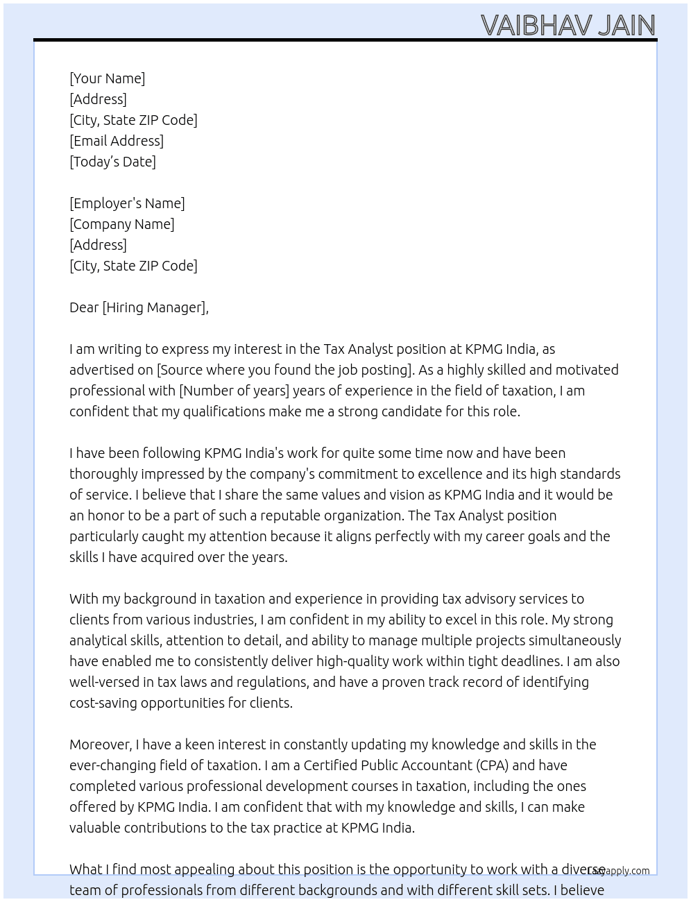 Tax Analyst At KPMG India Cover Letter