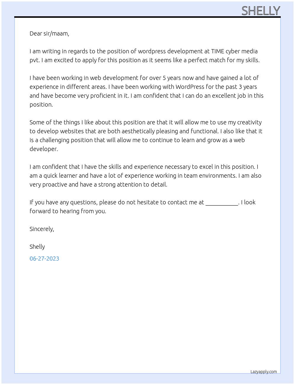 word press development At TIME cyber media pvt Cover Letter