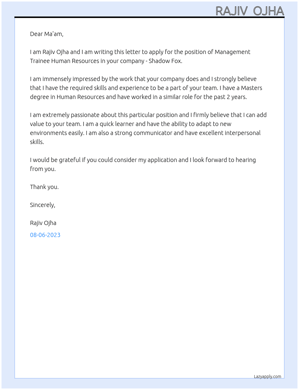 Management trainee human resource  At shadow fox Cover Letter