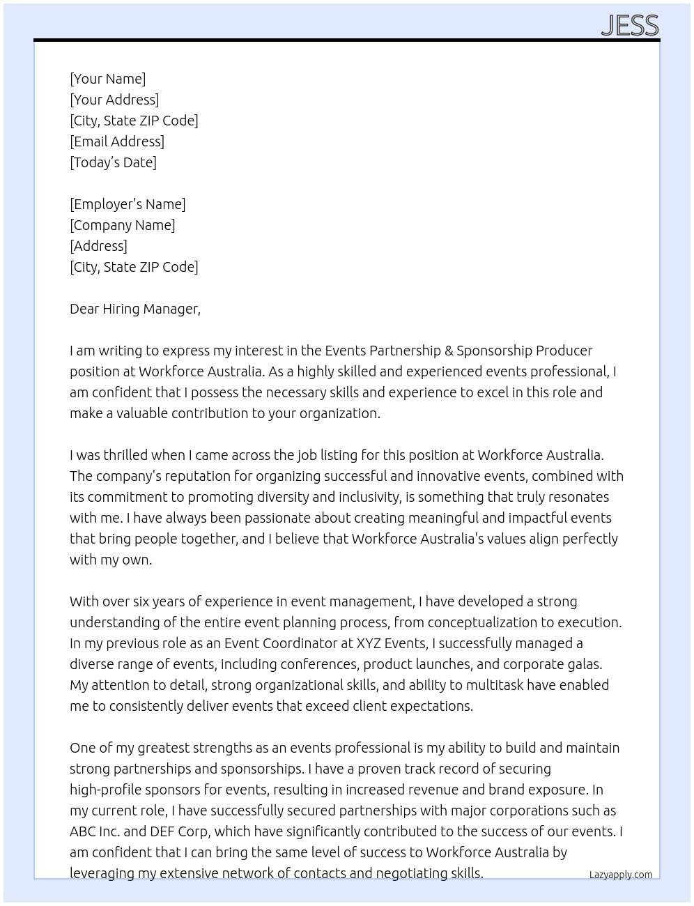 Events Partnership & Sponsorship Producer At Workforce Australia Cover Letter