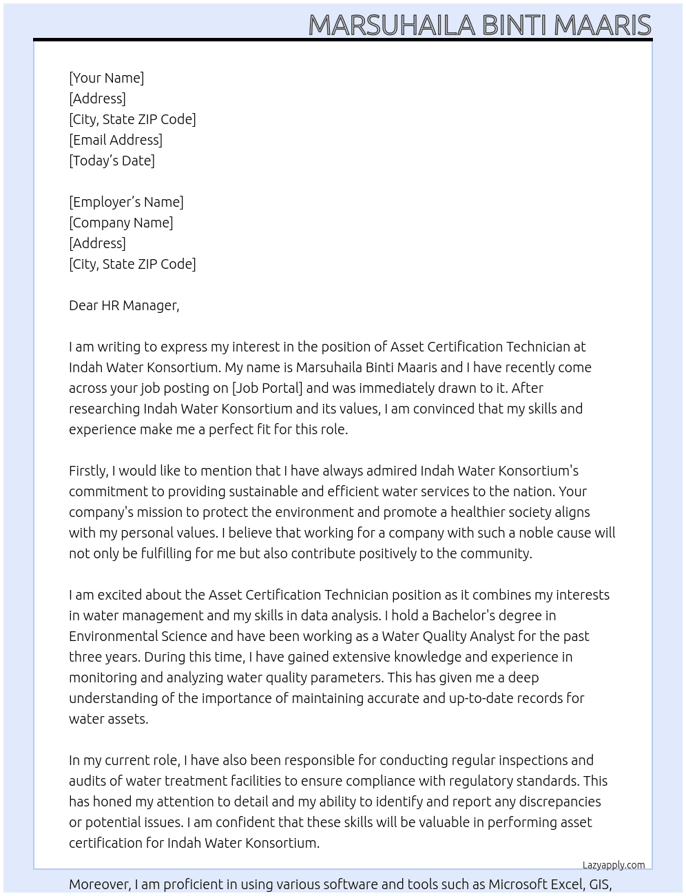 Asset Certification Technician At Indah Water Konsortium Cover Letter