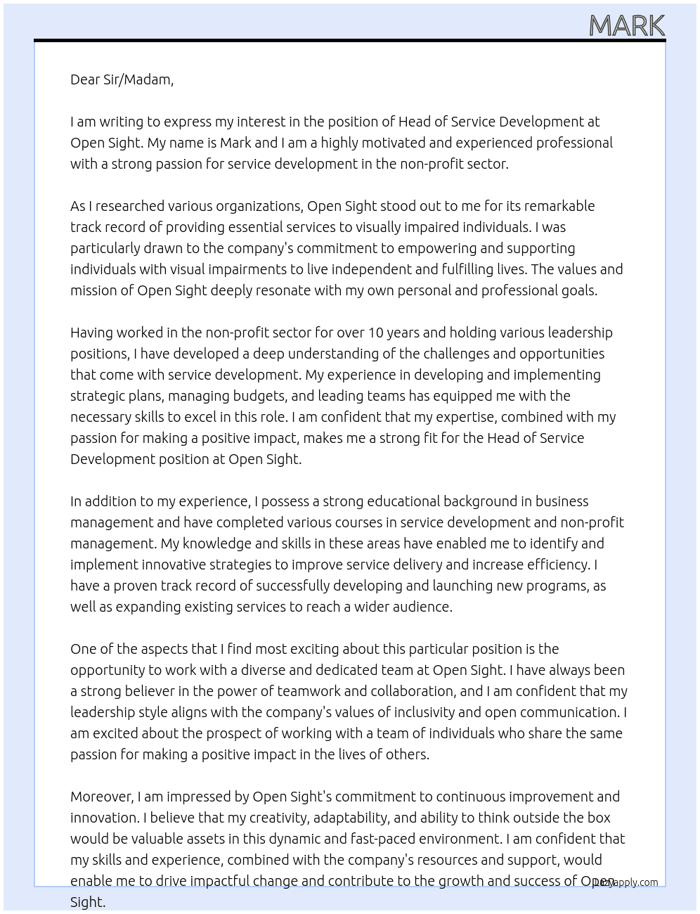 Head of Service Development At Open Sight Cover Letter