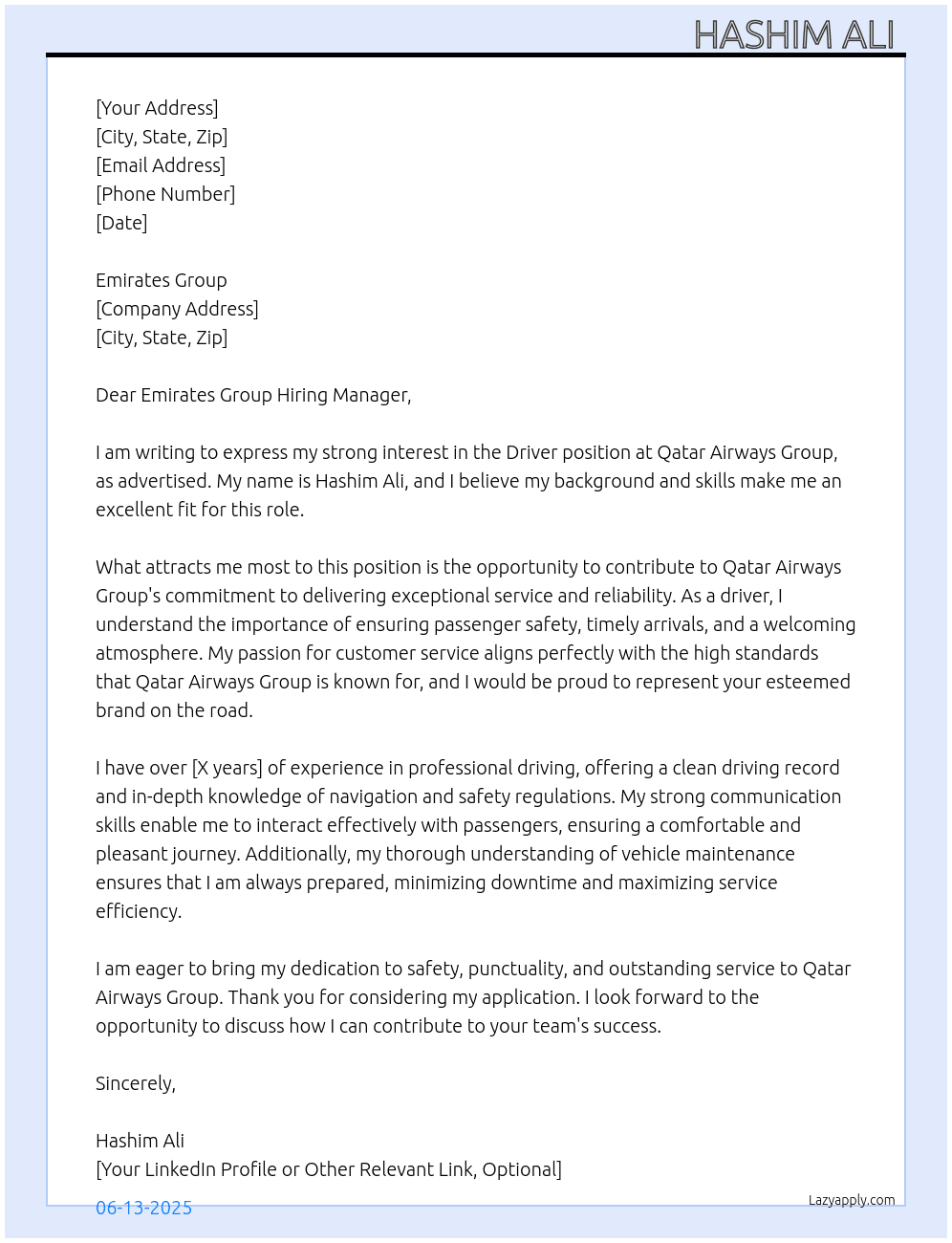 Driver At Qatar Airways Group Cover Letter