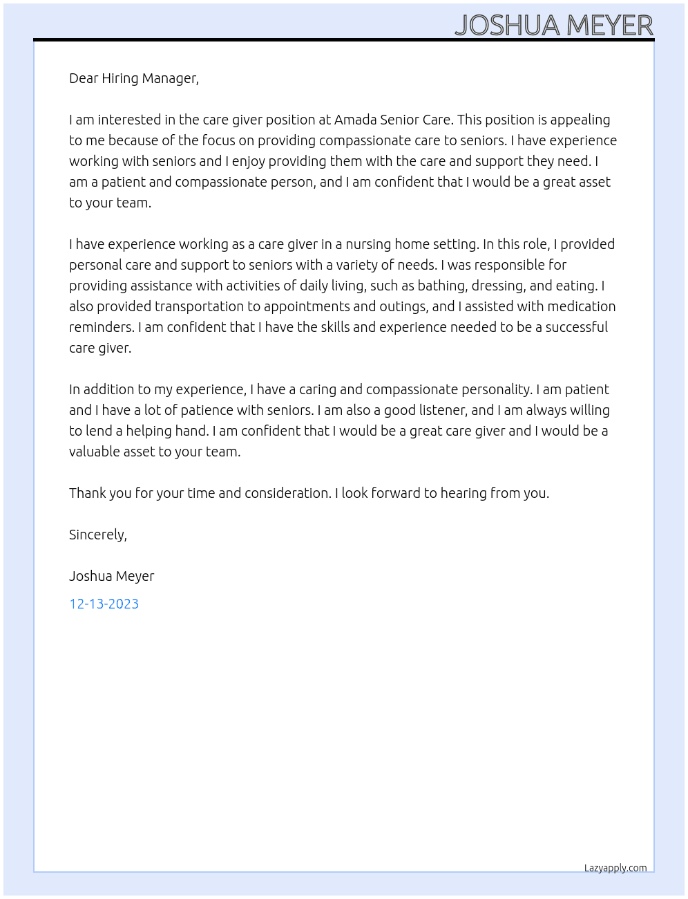 Care Giver At Amada Senior Care Cover Letter