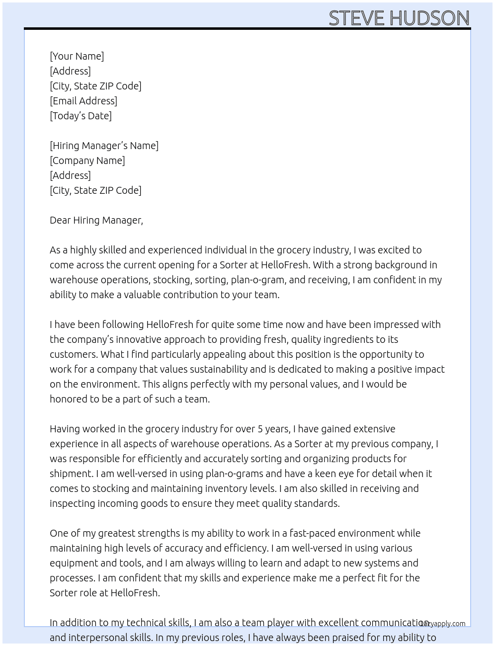 Sorter At HelloFresh Cover Letter