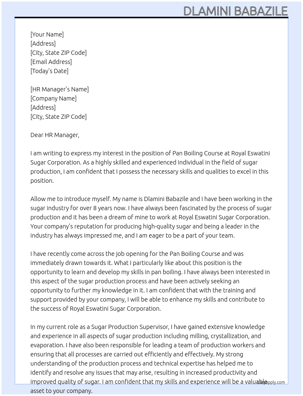 Pan Boiling Course At Royal Eswatini Sugar Coporation Cover Letter