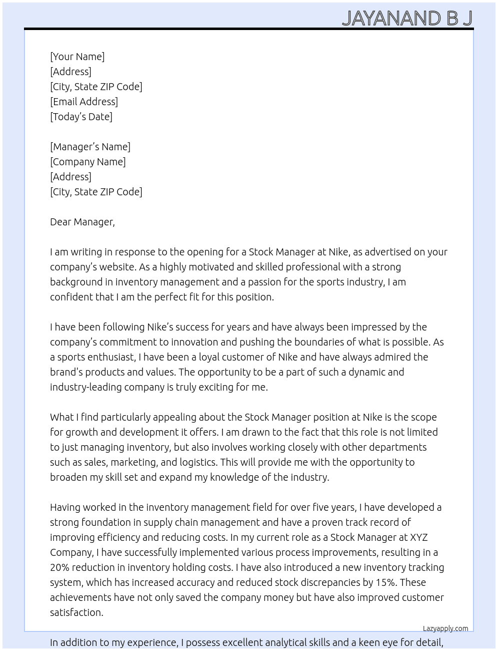 Stock Manager At Nike Cover Letter