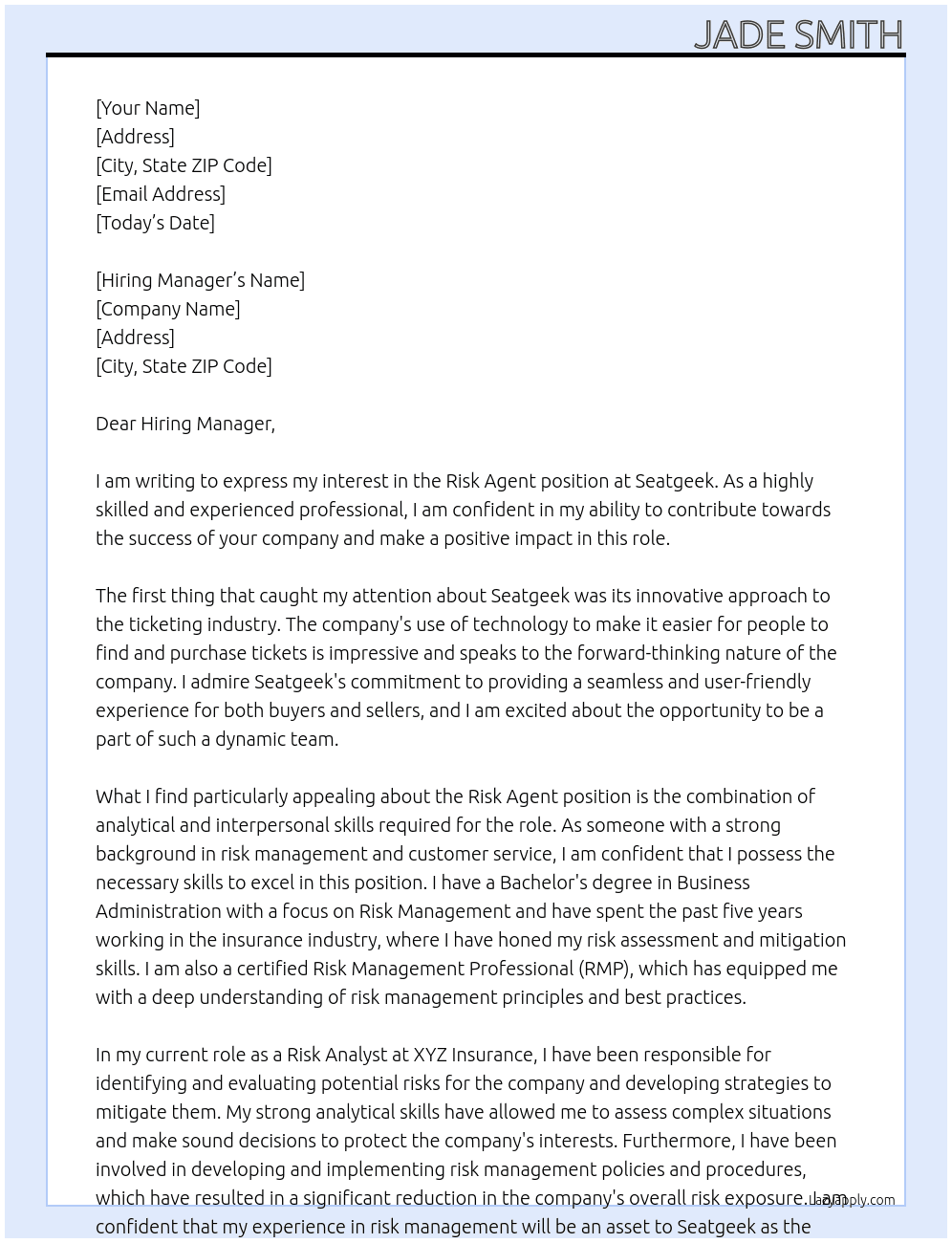 Cover letter for risk agent - LazyApply
