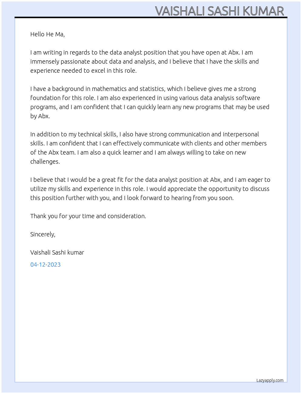 Data analyst At Abx  Cover Letter