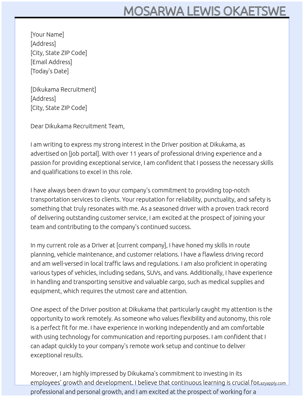 Driver  At Dikukama Cover Letter
