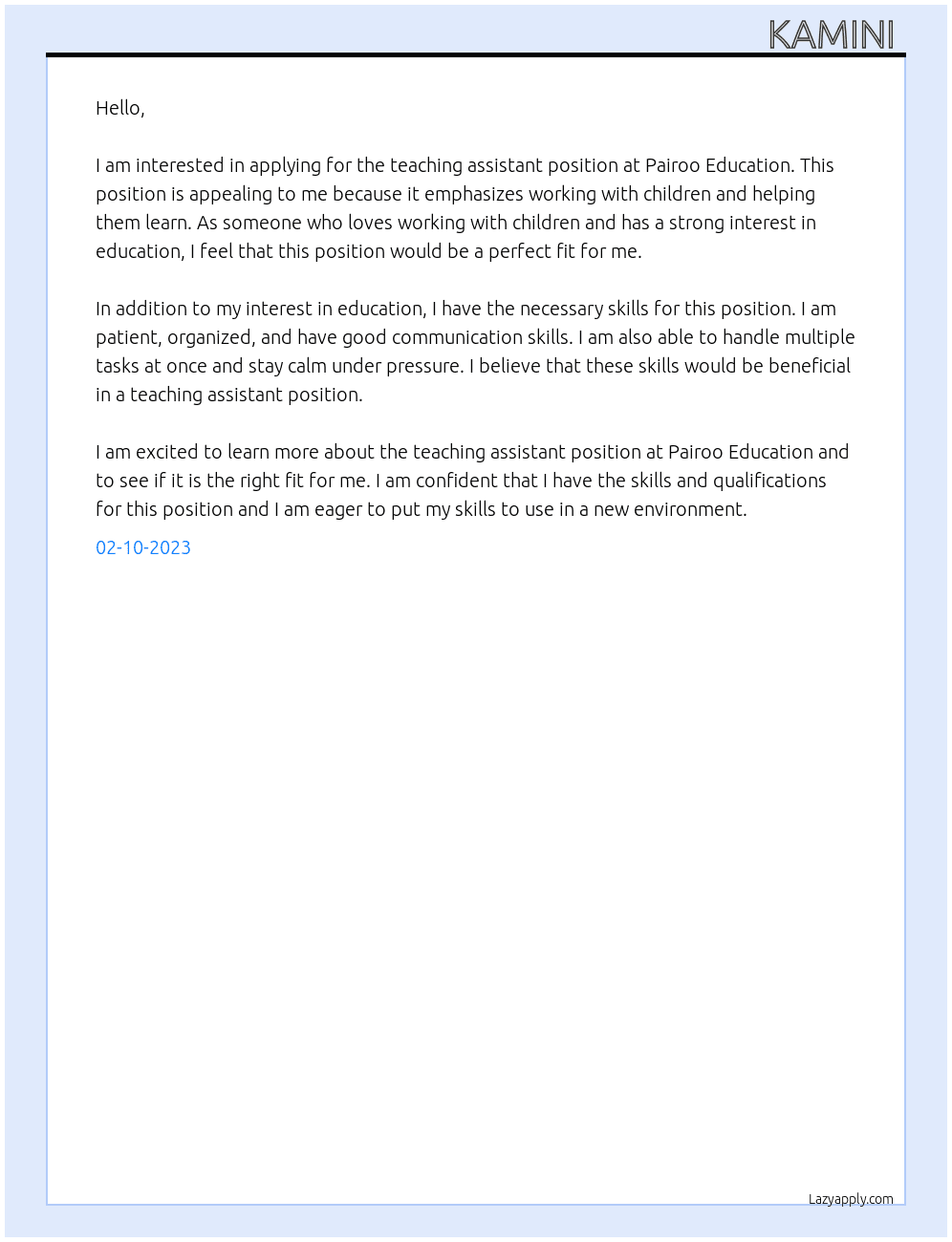 Teaching assistant  At Pairoo Education  Cover Letter